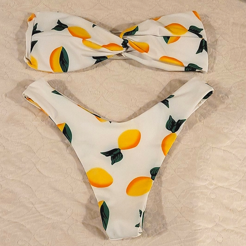 Lemon print strapless bikini